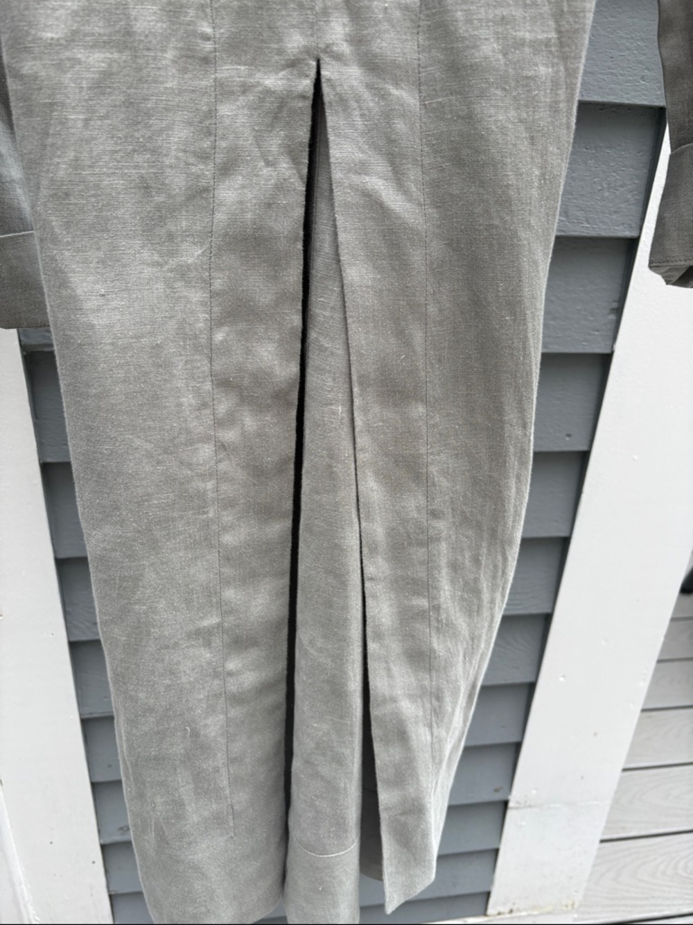 Light Gray Long Linen Women's Coat with Ruffle Collar - Picture 7 of 9